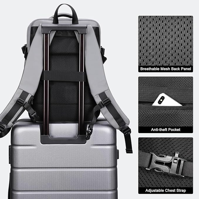 HOMIEE Carry on Backpack Extra Large Travel Bag, Expandable Hand Luggage Suitcase Anti-Theft Business Backpack, Water Resistant Lightweight Weekender Bag, Light Grey