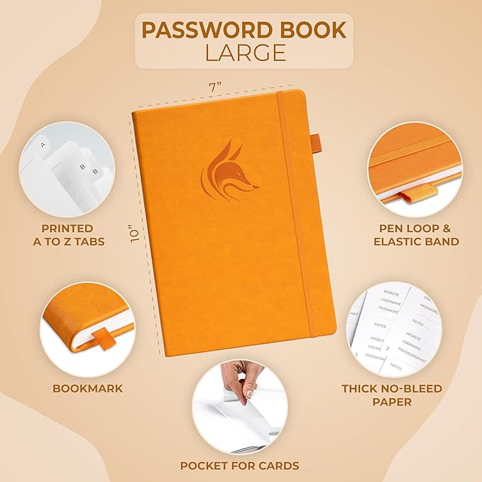Clever Fox Password Book with alphabetical tabs. Internet Address Organizer Logbook. Large Password Keeper for Website Logins (Yellow)