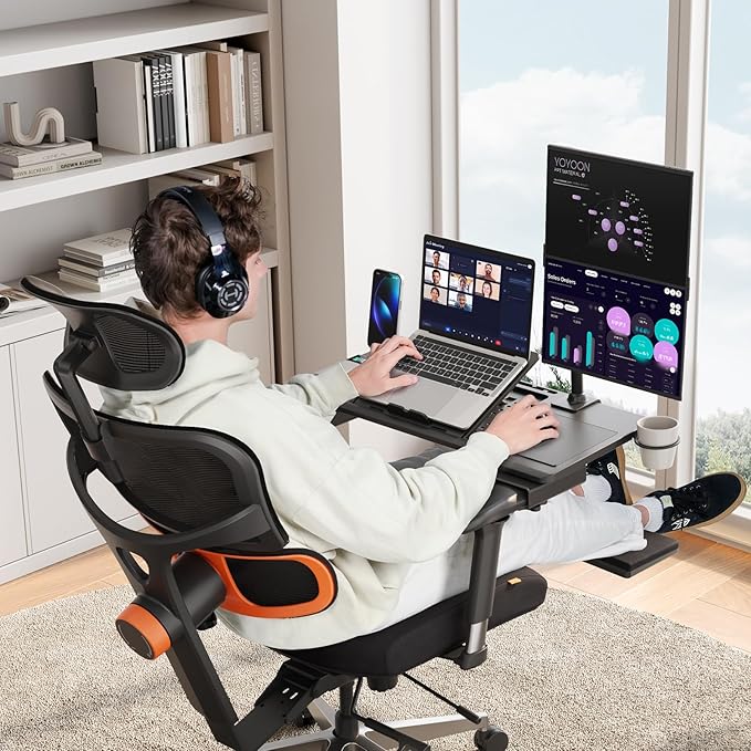 Newtral Laptop Bed Tray Desk, Height & Angle Adjustable Foldable Laptop Stand w/Cup Holder, Mousepad, Laptop Table Bookstand for Gaming, Working, Sofa & Office Chairs Use (Black, Upgrade)