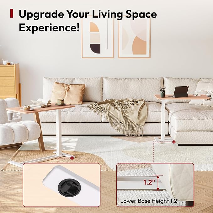 SANODESK Medical Adjustable Overbed Bedside Table with Hidden Casters, Pneumatic Mobile Laptop Computer Standing Desk Cart with Tray, Hospital and Home Use(27.6" W x 15.7" D, Pink)