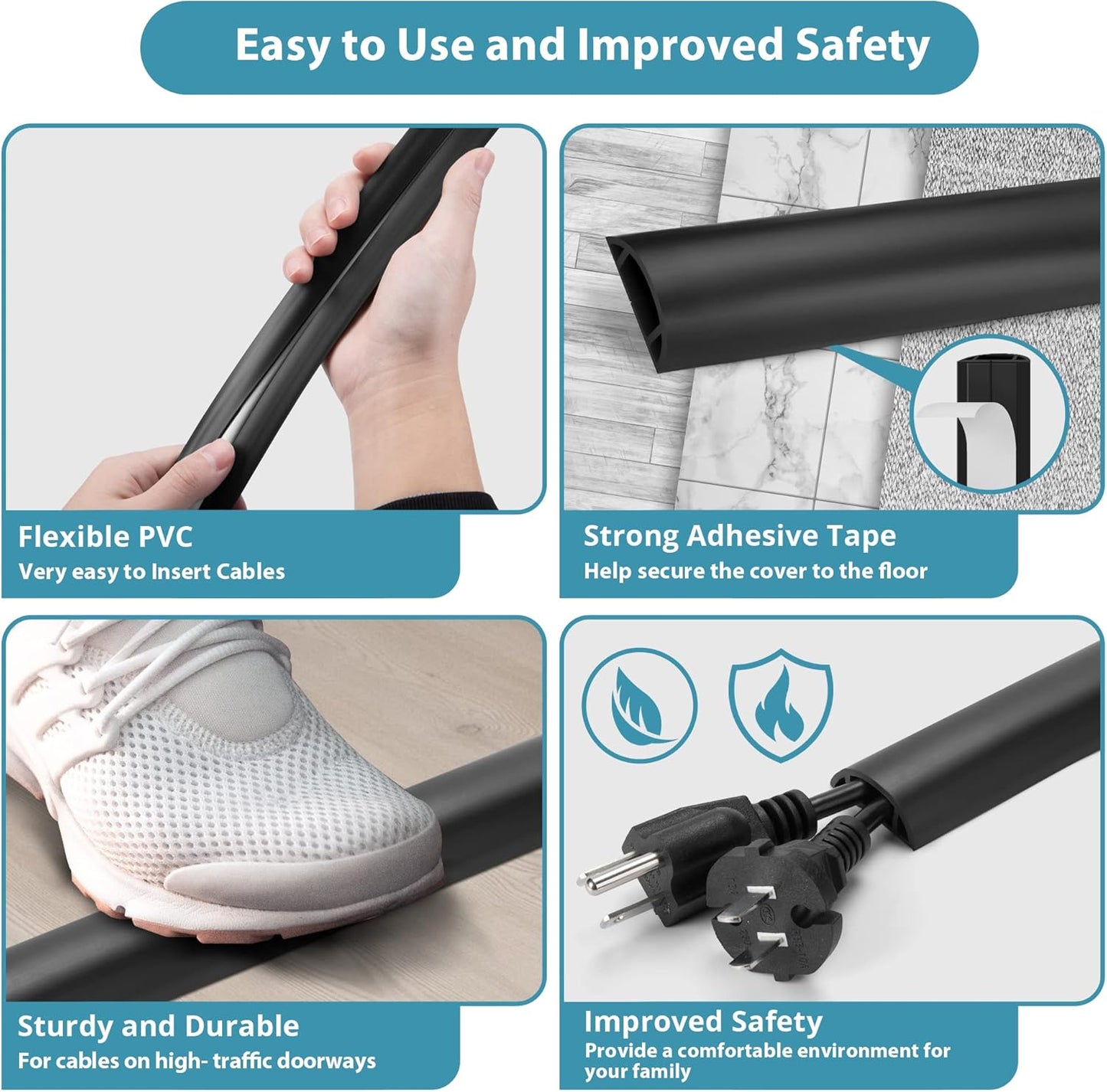 8.5FT Black Cord Cover Floor, Cord Protector, Floor Extension Cable Cover, Soft PVC Wire Covers - Cord Cavity: 0.7" (W) x 0.4" (H)