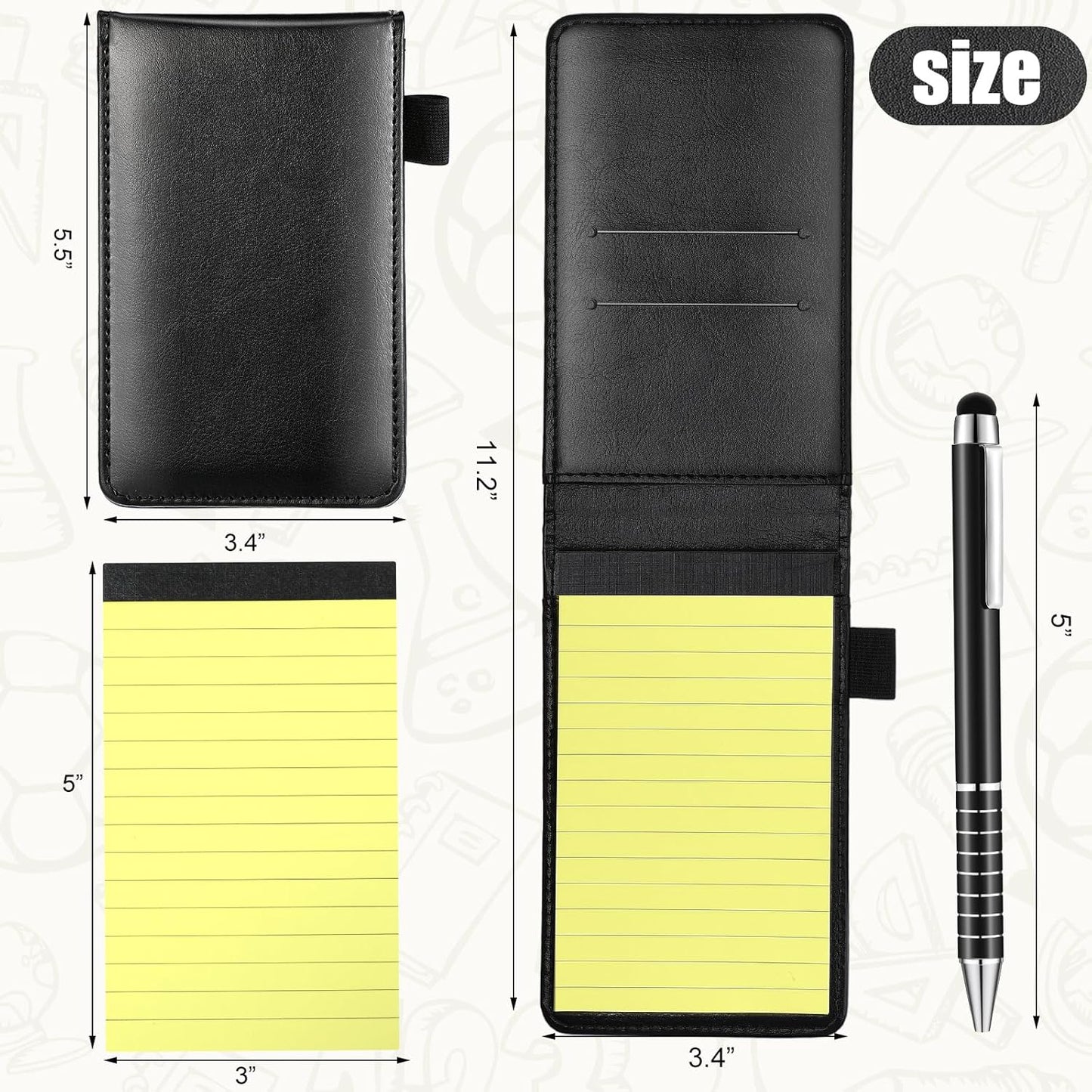 Outus 10 Pcs Pocket Notebook with Pen Set Included Mini Pocket Notepad Holder with 50 Lined Sheets, Metal Pen, 8 Pcs 3 x 5 Inch Memo Book Refills, 30 Lined Paper Per Note Pad (Black, Yellow)