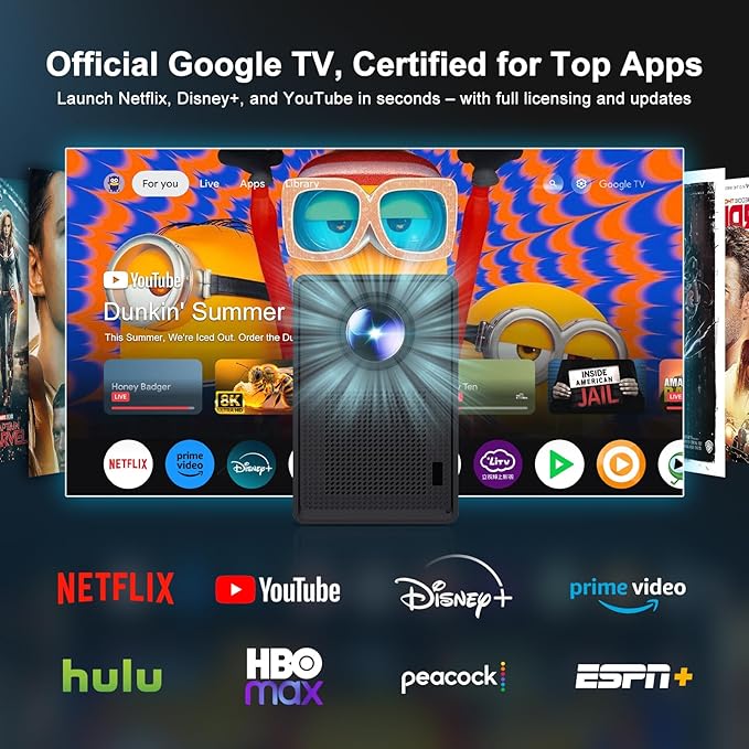 Official Licensed Google TV Smart Projector - 4K UHD Home Theater Projector with WiFi and Bluetooth : Built-in Trending Streaming Apps, Cinematic Dolby Audio, 80% Zoom, 300" Portable Outdoor Projector