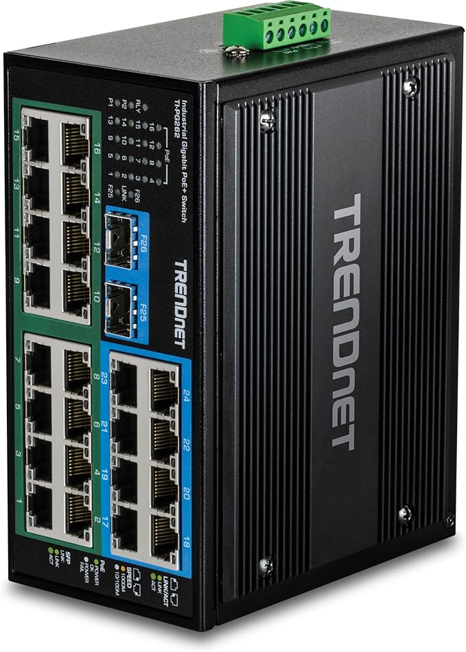 TRENDnet 26-Port Hardened Industrial Unmanaged Gigabit DIN-Rail Switch, TI-PG262, 16 x Gigabit PoE+ Ports, 8 x Gigabit RJ-45 Ports, 2 x SFP Ports, IP30, Lifetime Protection, Black