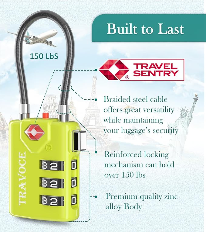 Search Alert TSA Approved Travel Combination Luggage Cable Locks for Suitcase, Gym Locker,Toolbox,Backpack 1,2,4,6 &10 pk (Lime 2 Pack)