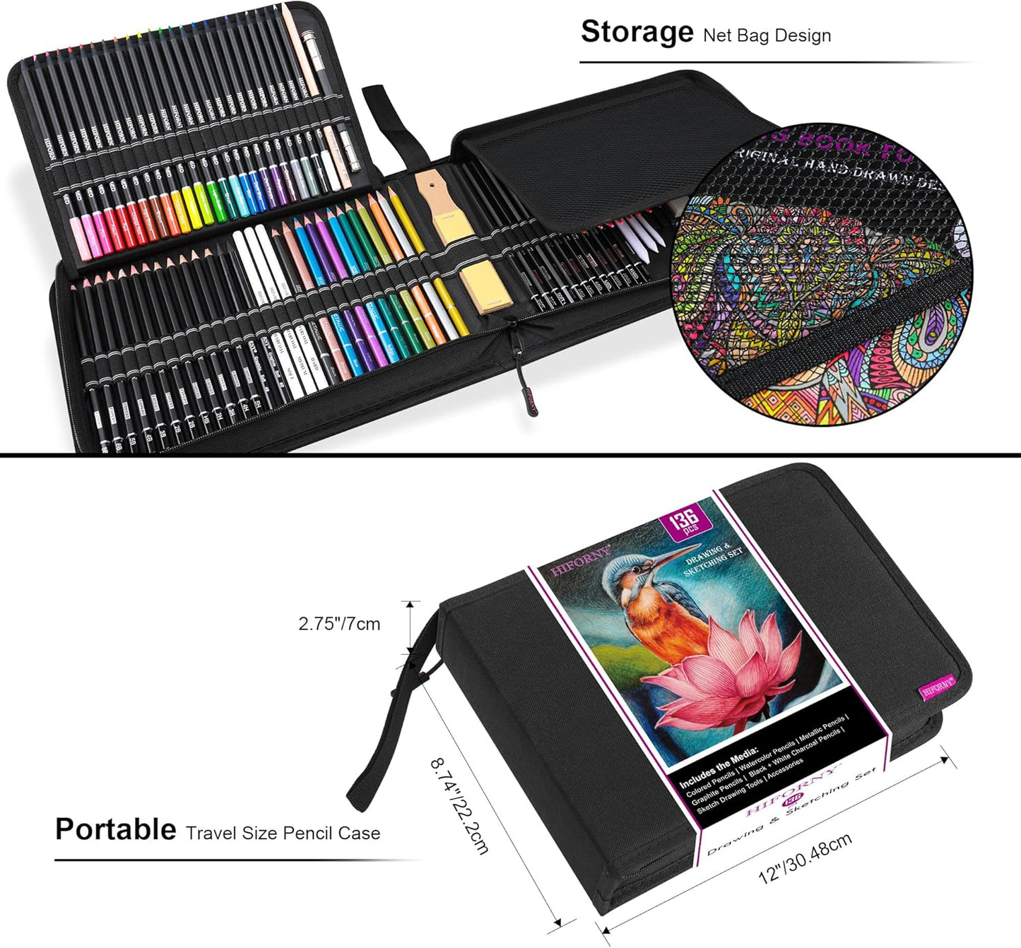 HIFORNY 136 PCS Drawing & Sketching Set,Pro Art Supplies with Graphite,Charcoal,Colored,Watercolor,Metallic Pencils,Blending Tools,Sketchbook,Watercolor Book and Coloring Book in Zipper Case (Black)