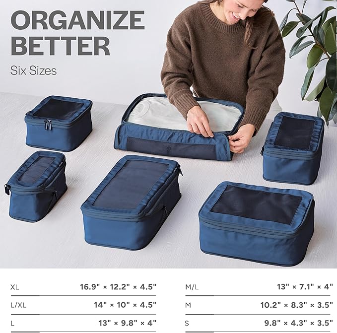 Compression Packing Cubes for Travel - Luggage Organizer Bags - Double Zipper Packing Cubes for Suitcases (6-Pack, Dark Blue)