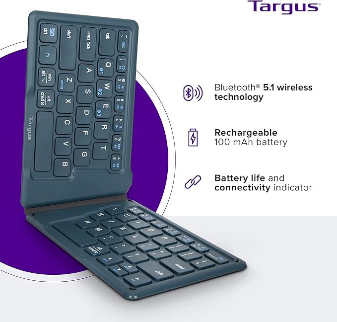 Targus Ergonomic Foldable Bluetooth Keyboard, Split Travel Keyboard Wireless, Rechargeable Portable Wireless Keyboard for Android iPhone Microsoft & Apple Tablets, Blue (PKF00302US)