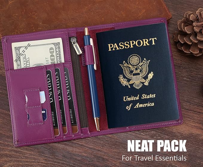 STAR VISTA Phoenix Leather Passport Holder, Calfskin Leather Travel Wallet - RFID Blocking, ID Window, Zipper Pocket, Pen & Notebook Included, AirTag Holder, Violet