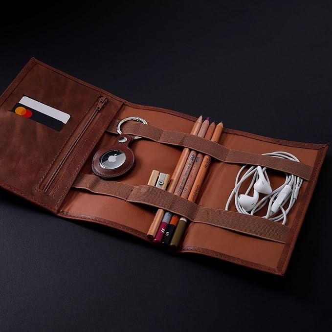 Custom Leather Electronic Organizer Roll – Personalized Cord Pouch for Travel Tech Accessories, USB Cables, Charger, Passport, SD Cards – Handmade Gift for All
