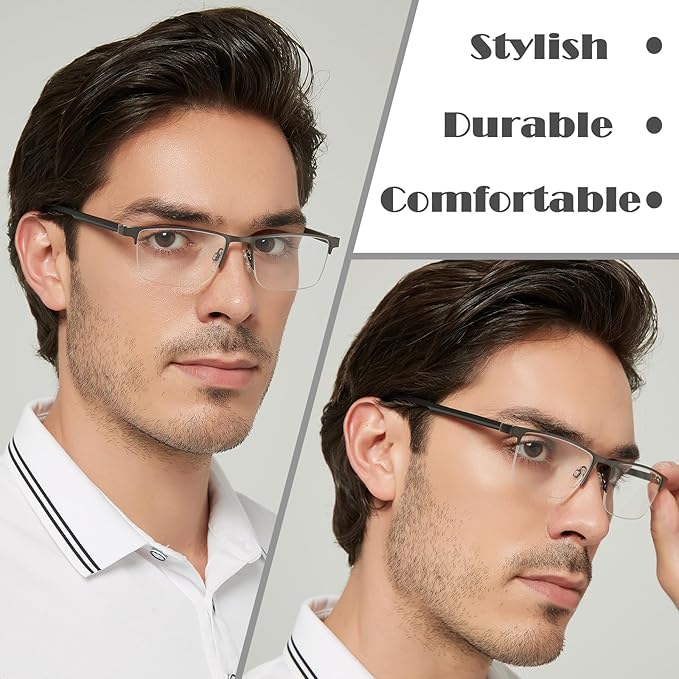 CRGATV 3 Pack Reading Glasses for Men Half Rim Metal Frame Readers Durable Anti Blue Light UV400 / Glare Computer Eyeglasses