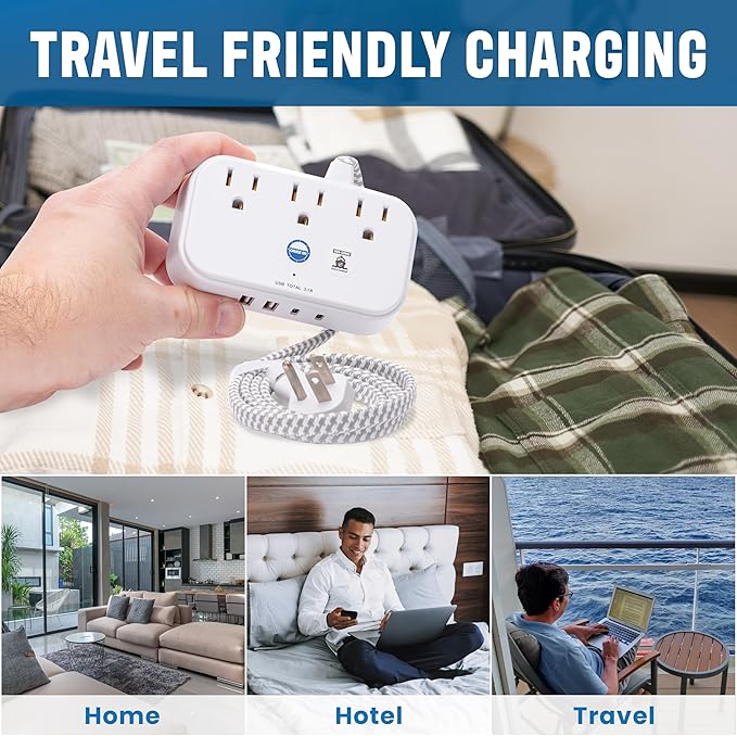 Cruise Approved Power Strip Non Surge Protector with 3.3 ft Travel Extension Cord and USB Ports [2 USB, 2 USB-C, 3 AC] Cruise Ship Essentials for Carnival, Princess, & Major Cruise Lines 2025 & 2026
