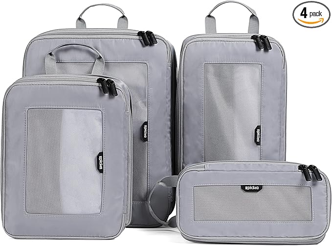 EPICKA TripCozy Compression Packing Cubes - 4 Set Durable Travel Organizer Bags with Mesh Top, Expandable Travel Accessories for Carry on, Luggage, Suitcase, Backpack (Light Grey)