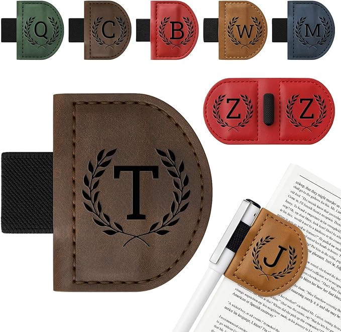 Personalized Bygone Mark Bookmark with Pen Holder,Engraving Leather Magnetic Bookmarks Vintage 26 Letters Name Initials Text Book Marker Clips Gifts for Reading Book Lovers Women (Coffee, T)