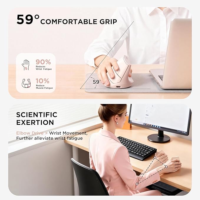 Uineer Vertical Mouse Wireless, 2.4G Rechargeable Mouse with Battery Indicator,4 Level DPI,Ergonomic Design for Comfort and Reduced Wrist Strain, Ideal for Home,Office Use (Pink)