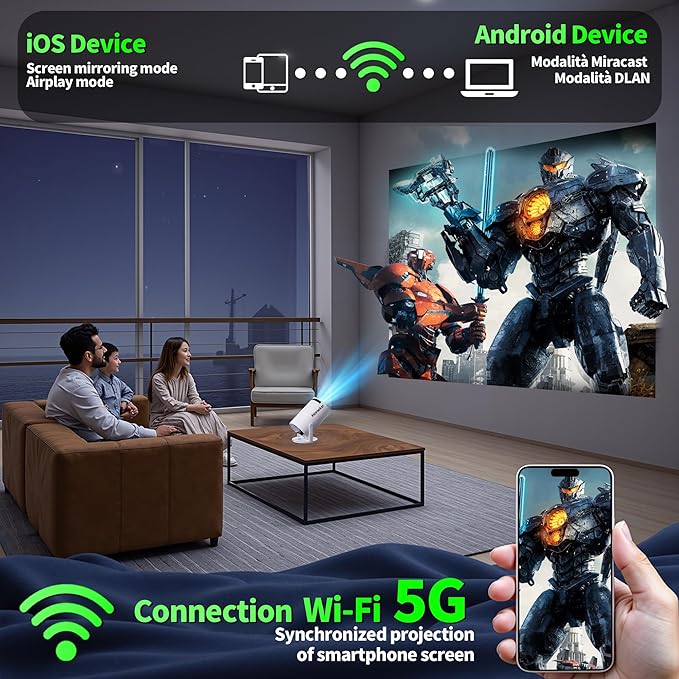 【Built-in Apps】Mini Projector 1080P, 4K Projector Full HD with WIFI 6 and Bluetooth 5.2, Support 270° Rotatable Portable Projector with Auto Keystone Correction,Compatible with Phone/HDMI/USB-White