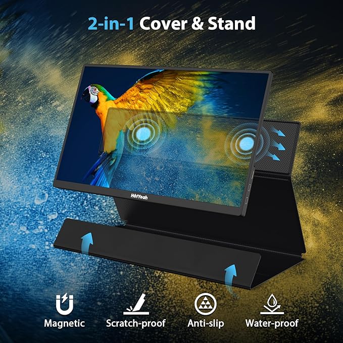 HotYeah Portable Monitor 4K, 15.6'' 3840x2160 UHD USB-C HDMI Laptop Monitor, 100% Adobe RGB HDR FreeSync External Computer Display, Travel 2nd Screen with Speakers & Smart Cover & VESA