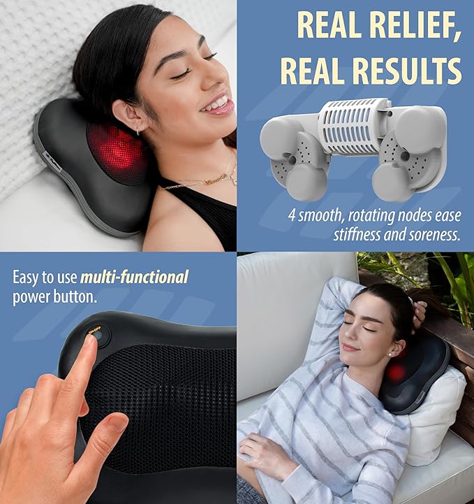 Zyllion Shiatsu Back and Neck Massager with Heat - 3D Electric Kneading Deep Tissue Massage Pillow for Muscle Pain Relief, Black, ZMA-13