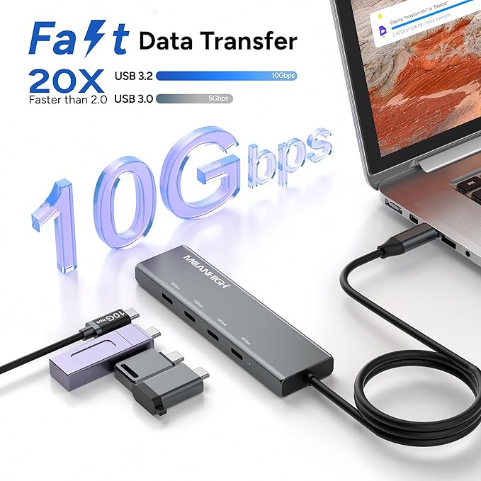 USB C Hub 10Gbps, 4 Ports USB 3.2 Adapter with 4 USB-C 3.2 Ports, 100W Power Delivery, High Speed Multiport Splitter Compatible with MacBook Pro/Air, iMac, iPad Pro