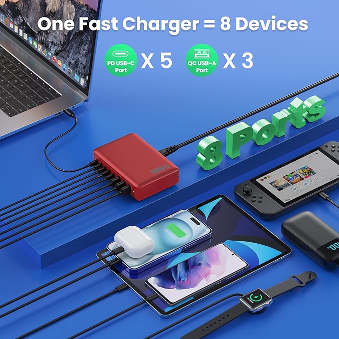 USB C Charger 300W USB C Charger Block, 8-Ports GaN IV Fast Charging Station Hub,PD 100W Laptop Charger Adapter,for MacBook Pro/Air/iPad/iPhone16/15/14/Apple Watch/DELL/Samsung for Home Office