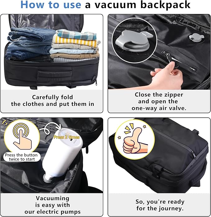 Vacuum Backpack Travel,60L Exapandable Air Compression System,Water Resistant & TSA Anti Theft,Strong Sealing,Available for boarding, Ideal for Travel/Laptop, Black(Vacuum Pump Included)