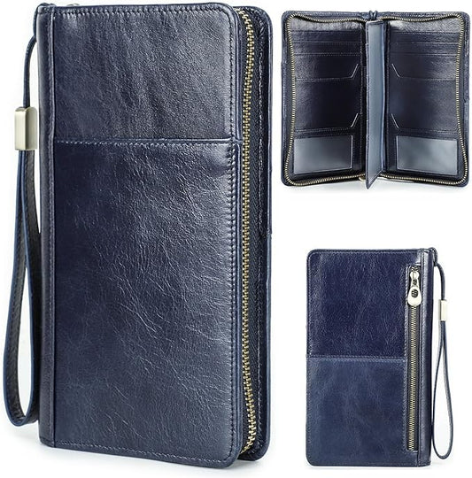 Top Grain Leather Travel Passport Wallet Holder for Man & Woman, Handmade with Three-Layer for 4 Passports & Multi Cards, RFID Blocking Large Capacity for Cards/Passports/Tickets, Blue