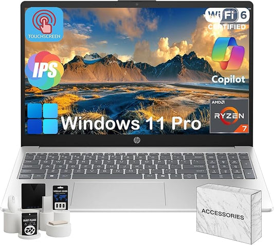 HP Flagship 15.6-inch Touchscreen Laptop Computer - AMD Ryzen 7 7730U • FHD Touch Anti Glare Display • for Business & Student • AI Copilot • WiFi 6 • HD Camera • Win 11 Pro (64GB RAM | 2TB SSD)