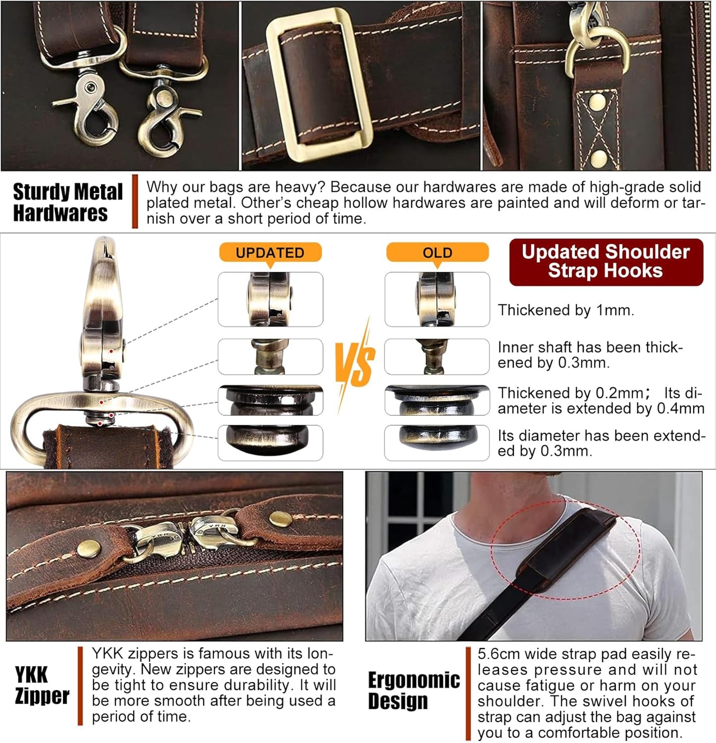 Masa Kawa Leather Briefcase for Men 15.6" - 17" Laptop Computer Case Business Travel Work Messenger Cross Body Shoulder Bag