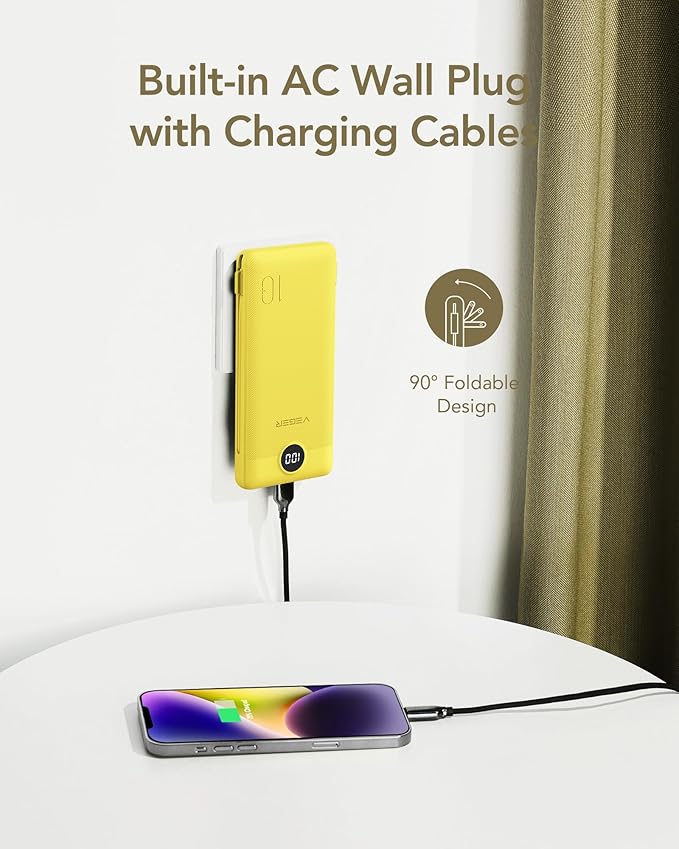 VEGER Portable Charger with Built-in AC Plug and Cables, All in One 10000mAh Ultra-Slim Power Bank, 15W Fast Charging for iPhone, Samsung, Android, Travel Essential (Yellow)