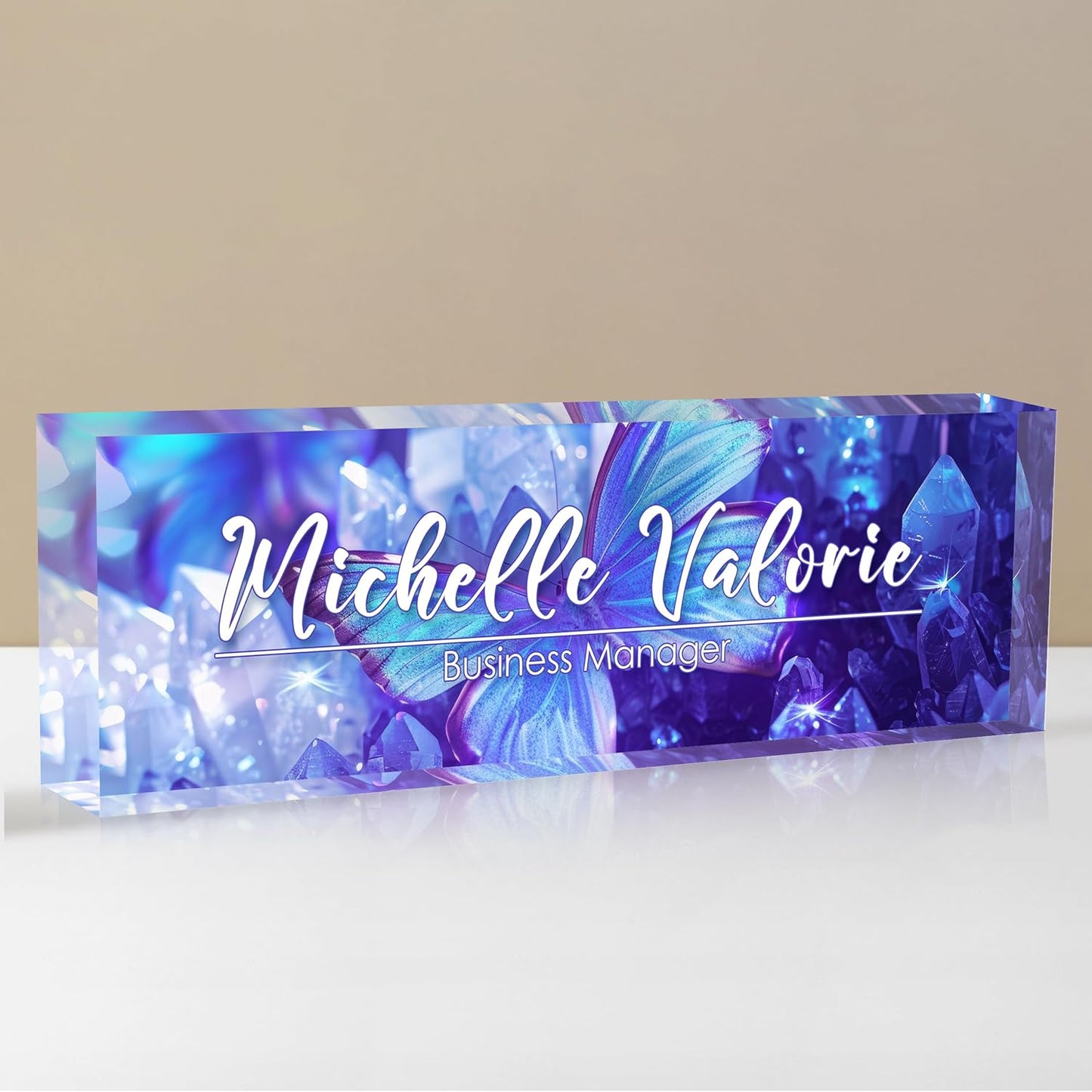 Personalized Name Plate for Desks, Custom Desk Name Plates, Acrylic Name Plate Office Desk Accessories, Personalized Office Gifts for Coworkers Teachers, Employee Appreciation Gifts (Crystal Butterfly)