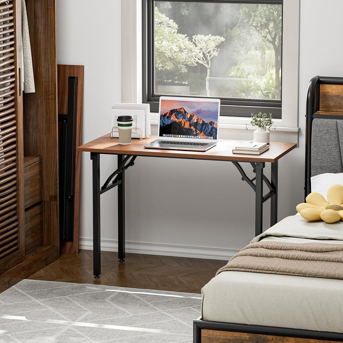 TEMI Small Computer Desk Folding Table - 43.3" Foldable Office Desk, No Assembly, Perfect for Small Spaces in Bedroom, Dorm, or Apartment, Portable Mini Desk or Study Table with Compact Design, Walnut