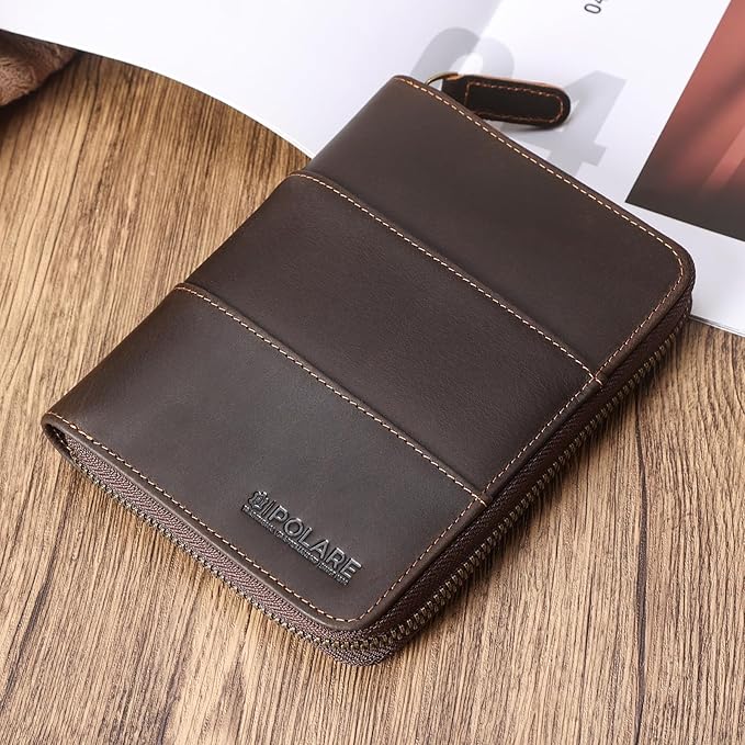 Polare Full Grain Leather Travel Passport Wallet with YKK Zipper and RFID Blocking Document Organizer Holder 2 Passports (Dark Brown)