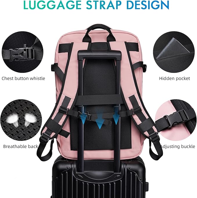 Travel Carry on backpack 50L for Women, Fits 17.3 inch Laptop with USB Charging Port, Expandable Flight Approved Backpack for Overnight (pink)