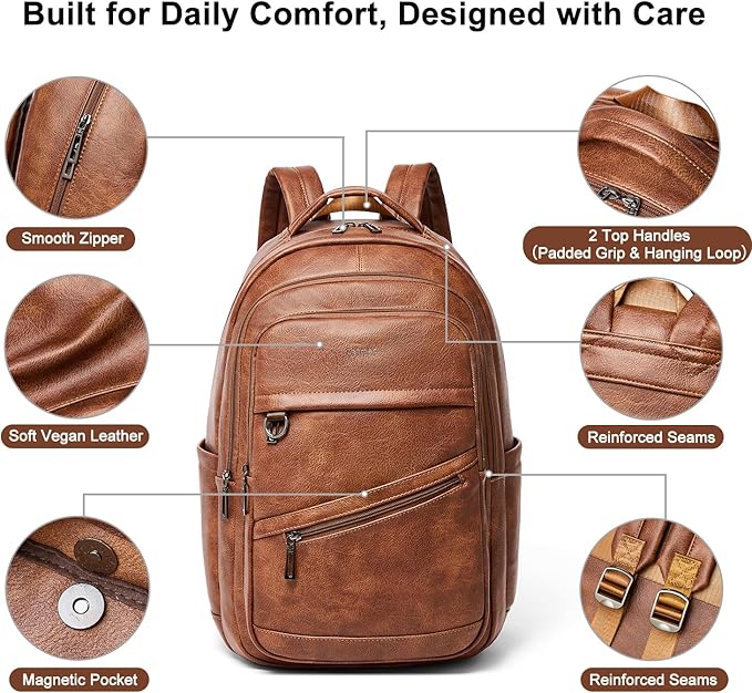 43L Backpack for Women Men - Vegan Leather Backpack Purse Travel Carry-on Bag College Bookbag Work fits 17" Laptop, Brown
