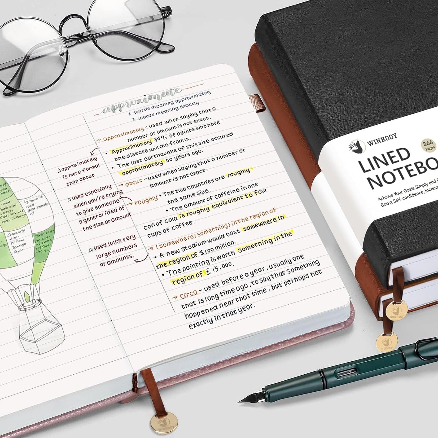 Lined Journal Notebook, 366 Pages, 100Gsm Leather Hardcover Journals for Writing Thick A5 College Ruled Classic Notebook with Pen Loop, Daily Journal for Women Men Travel Business Work Office