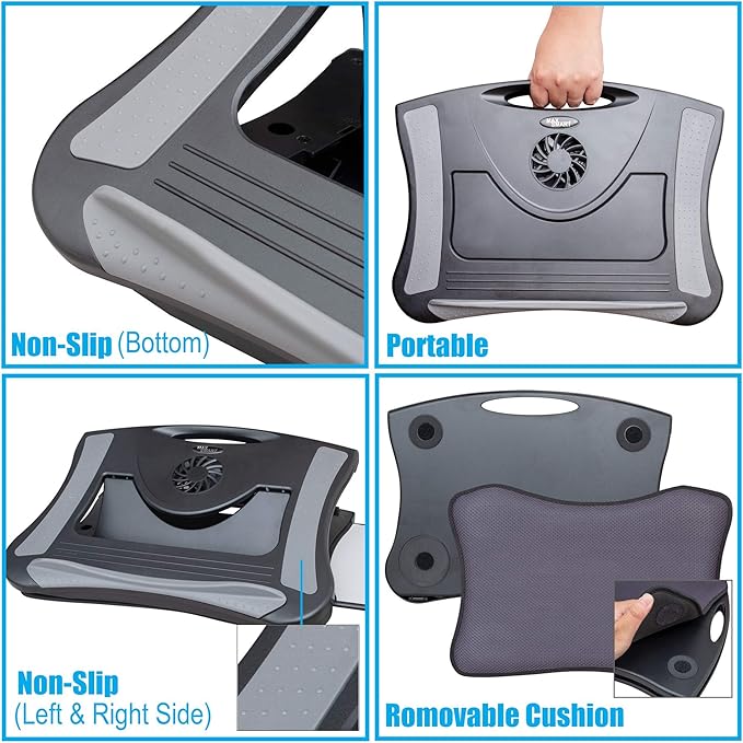 Laptop Lap Pad Laptop Stand with Attached Mouse Pad, Cushion and USB Cooling Fan, Non-Slip Heat Shield Tablet Computer Stand for Sturdy Work Station for Home, Office, Bed Sofa, Couch and Car