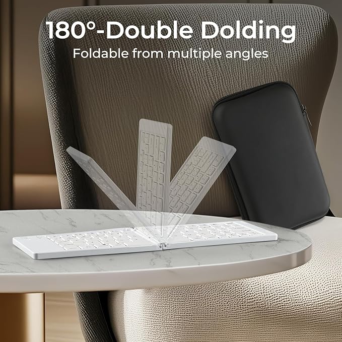 Foldable Keyboard and Mouse, 2.4G Wireless+Dual Bluetooth5.0 Folding Keyboard & Mouse Combos for Business and Travel, USB-C Rechargeable Portable Keyboard Mouse for iPads, Phones, Tablets-White