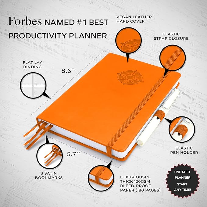 Smart Planner Pro – Undated Daily Planner – Small A5 – Achieve Goals & Increase Productivity – Weekly, Monthly, Work Sections, Organizer Diary with Back Pocket, 3 Satin Bookmarks & Pen Holder