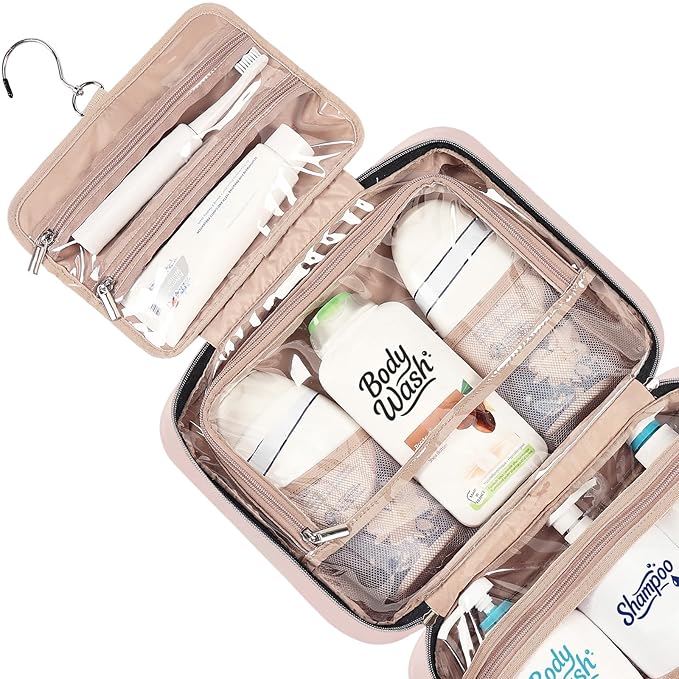 NISHEL Travel Toiletry Bag for women, Portable Hanging Organizer for Family-Sized Shampoo, Conditioner, Brushes Set, Makeup Accessories, Extra Large Size, Pink