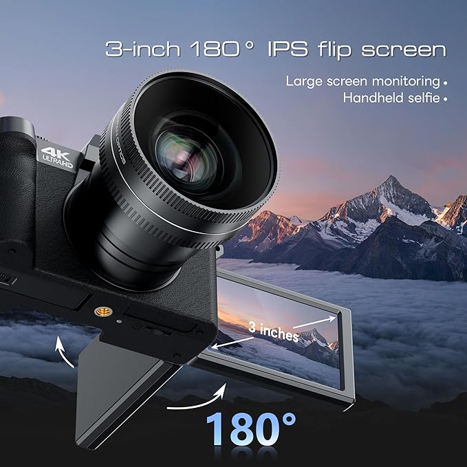 Digital Cameras for Photography with WiFi&App Control, Ture 4K&48MP Vlogging Camera for YouTube,Compact,16X Zoom Autofocus, Anti-Shake for Entry-Level User, Beginners, Macro&Wide Lens-32GB Card(Black)