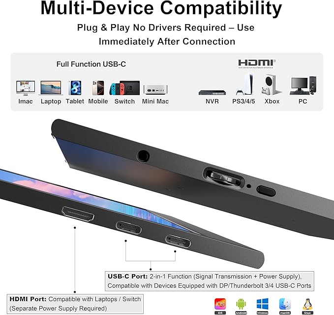 4K Portable Monitor 15.6" 3840×2160P（16:9） Screen 100sRGB IPS Display, with HDMI & USB-C Plug & Play, External Monitor for Laptops/MacBook/PCs/Phones/Xbox/Switch/ PS4/5/NVR