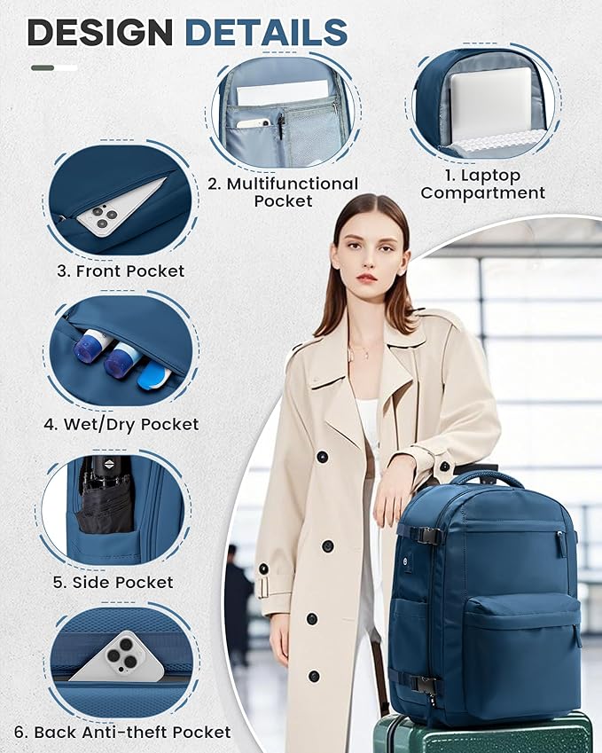 Vacuum Travel Backpack with Pump for Women,Personal Item Carry on Backpacks Flight Approved 18x14x8 inches for Men,Laptop Waterproof Work Compression bags Casual Daypack. Blue