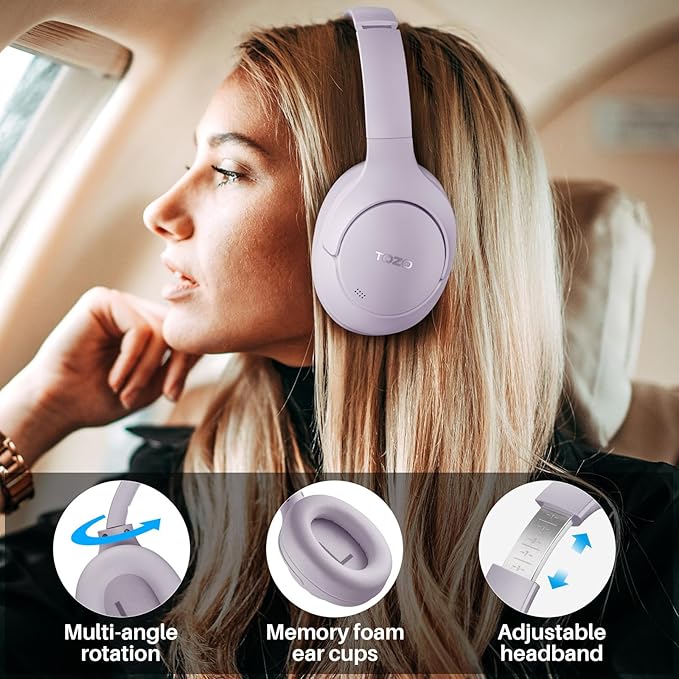 TOZO HT2 Hybrid Active Noise Cancelling Headphones, Wireless Over Ear Bluetooth Headset, 60H Playtime, Hi-Res Audio Custom EQ via App Deep Bass Comfort Fit Ear Cups, for Home Office Travel Purple