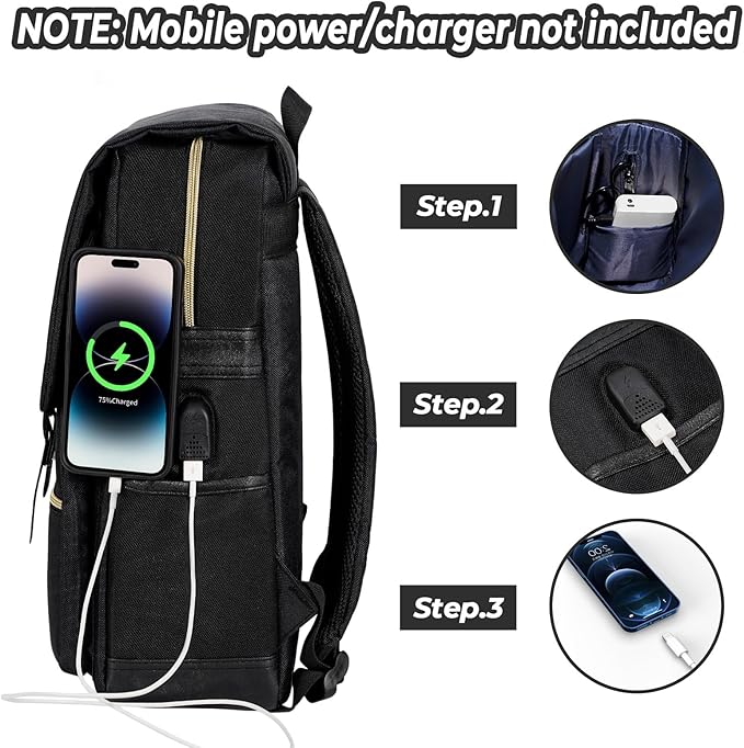 Ronyes Vintage Laptop Backpack for Women Men,15.6 inch Bookbag Casual Daypack with USB Charging Port for College Work, All Black Backpacks