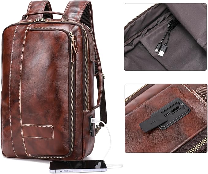 LANNSYNE Vegetable Tanned Leather Backpack for men, Expandable Leather Backpack Fits 15.6 Laptop, Tote Shoulder Travel Bag Rucksack
