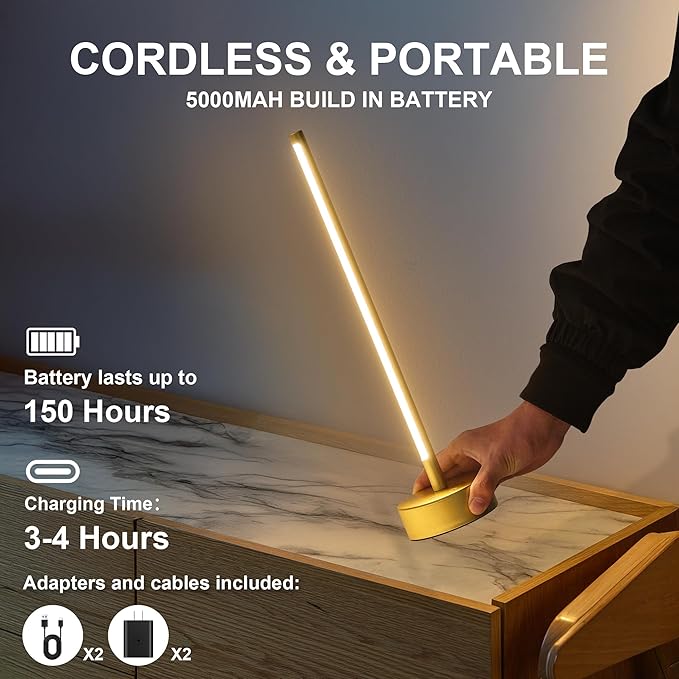 Cordless LED Table Lamp Set of Two, Battery Operated Portable Desk Lamp,Dimmable/3 Color/Memory Function,Modern Rechargeable Table Light for Living Room,Bedroom,Bedside,Gold, 2 Pack
