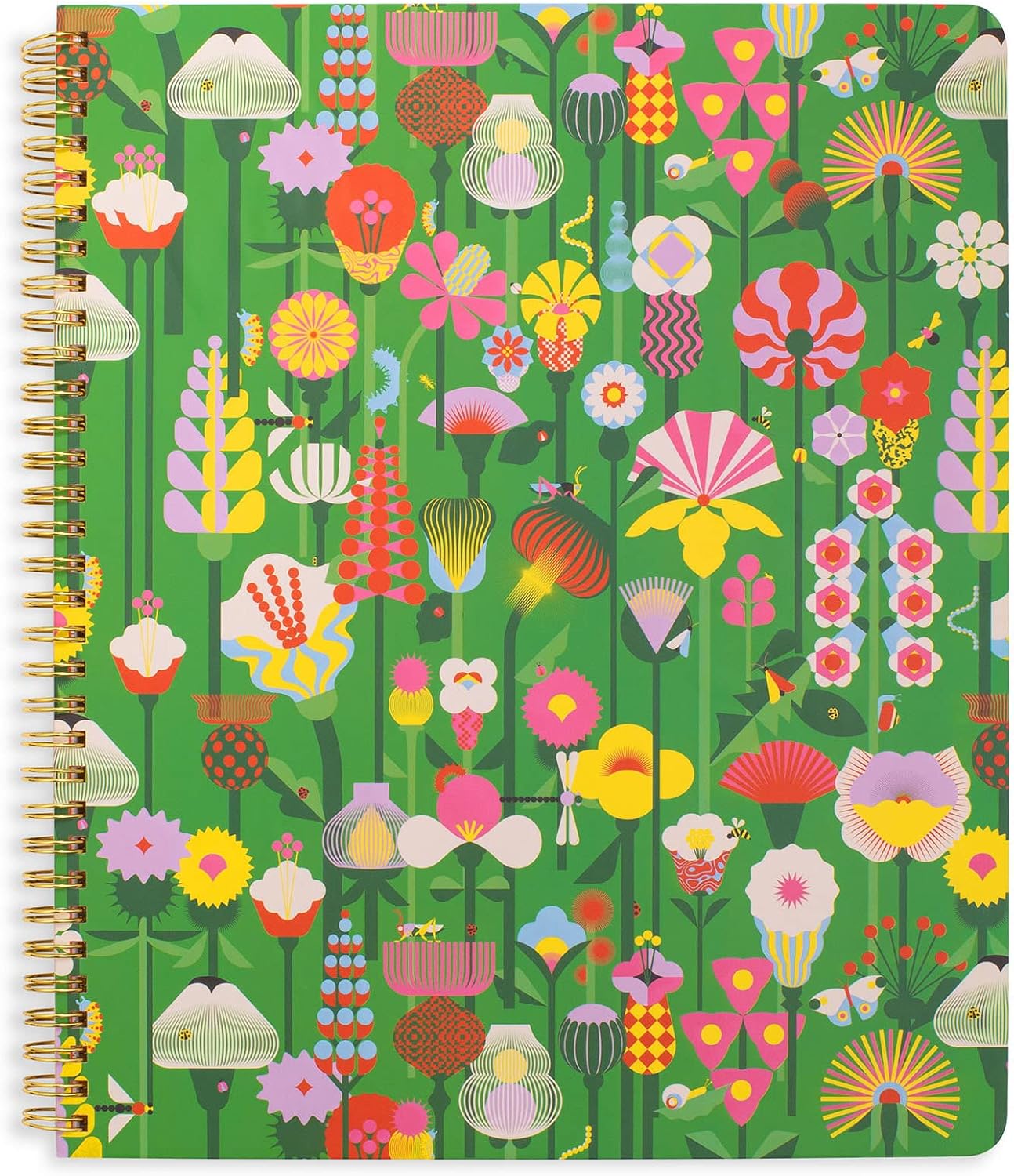 ban.do Floral Rough Draft Large Spiral Notebook, 11" x 9" with Pockets and 160 College Ruled Pages, Green Geometric Flowers