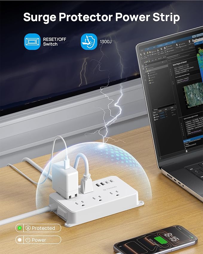 TROND Power Strip with USB, Surge Protector Flat Plug with 5 Widely-Spaced Outlets and 4 USB Ports, ETL Listed, 1300J, Wall Mountable, 5ft Extension Cord, for Office Kitchen, White