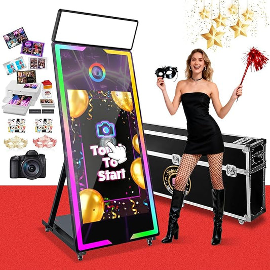 Mirror Photo Booth with Camera and Printer, 65" Magic Mirror Photo Booth, 43" Touch Screen Built-in Mini PC with Instant Print and Sharing, Music Sync Control RGB Light (Black, 65-43" Full Set)