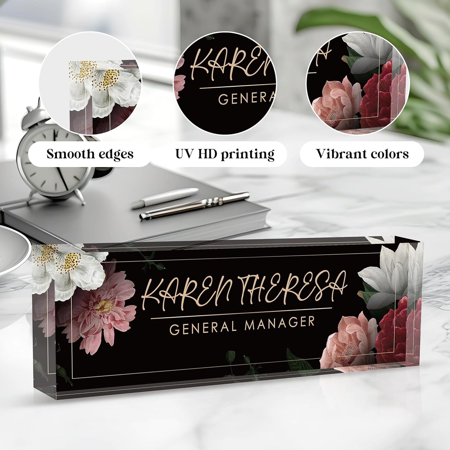 Custom Office Name Plate, Personalized Gifts for Women & Men, Appreciation Gifts for Employees, Boss, Teacher - Office Desk Accessory (Hibiscus Flower)